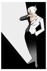  1boy absolute_batman absolute_dc contrast dc_comics hvvv1941ca jacket male_focus multicolored_jacket multicolored_suit polar_opposites solo split_theme two-face two-face_(absolute_dc) two-tone_jacket two-tone_shirt white_hair 