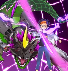  74m6dg black_shirt blonde_hair blue_hair commentary_request crescent cyborg digimon digimon_(creature) digimon_beatbreak glasses glowing highres horns jacket lizard mechanical_arms mole mole_under_mouth monarchlizamon multicolored_hair open_clothes open_jacket round_eyewear shirt short_hair single_mechanical_arm smile tenma_tomoro two-tone_hair violet_eyes white_jacket 