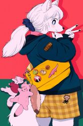  1girl animal_ear_fluff animal_ears badge black_hoodie blue_eyes bright_pupils buncama button_badge charm_(object) closed_mouth cowboy_shot crocodile crocodilian dog_ears dog_girl dog_tail doll english_commentary film_grain furry furry_female green_background highres hood hood_down hoodie long_hair long_sleeves looking_at_viewer original plaid_clothes plaid_shorts ponytail profile red_background shorts smile solo standing tail two-tone_background v white_hair white_pupils yellow_shorts 