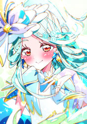  1girl absurdres aqua_hair artist_name back_bow backlighting blue_bow blue_bowtie blue_capelet blue_gloves blue_hat blurry boater_hat bow bow_earrings bowtie bridal_gauntlets brooch butterfly_hat_ornament capelet closed_mouth commentary cure_eclair earrings gloves half_updo hat hat_ornament heart heart_brooch highres huge_bow jewelry long_hair looking_at_viewer magical_girl meitantei_precure! pixiv_logo pixiv_username ponytail portrait potacure precure red_eyes shirt sleeveless sleeveless_shirt smile solo sparkle twitter_username twitter_x_logo white_shirt 