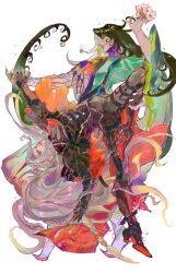  2boys alessandro_di_cagliostro_(fate) ashiya_douman_(fate) asymmetrical_hair black_eyes black_hair braid commentary_request commission cracked_skin curly_hair dancing earrings fate/grand_order fate_(series) fingernails full_body green_eyes hair_between_eyes hair_intakes highres ivaniavk jacket japanese_clothes jewelry long_hair magatama magatama_earrings male_focus multicolored_hair multiple_boys open_mouth pants red_eyes second-party_source sharp_fingernails smile split-color_hair two-tone_hair very_long_hair white_background white_hair 