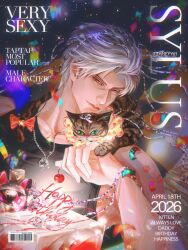  1boy absurdres aegyo_sal animal_on_shoulder artist_name barcode bite_mark black_shirt bow cat cat_on_shoulder chain chain_necklace character_name chinese_commentary closed_mouth collarbone commentary_request compression_shirt confetti crew_neck dated english_text food fruit green_eyes happy_birthday highres holding holding_food holding_fruit jewelry looking_at_viewer love_and_deepspace male_focus necklace nose parted_bangs red_hair shirt short_hair streamers sylus_(love_and_deepspace) tail tail_bow tail_ornament tianefan upper_body veins veiny_arms white_hair 