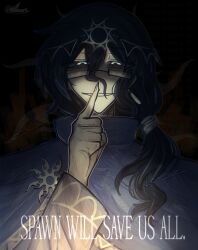  1other amarah blue_cape blue_hair cape colored_skin covering_own_mouth dark_background emblem forsaken_(roblox) glasses hair_between_eyes hand_over_own_mouth highres long_hair long_sleeves patterned_clothing ponytail roblox side_ponytail spawn_(roblox) teeth white_eyes white_skin 