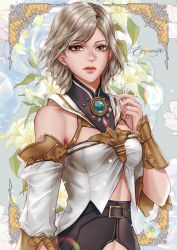  1girl artist_name ashelia_b'nargin_dalmasca bare_shoulders breasts brown_eyes brown_hair closed_mouth commentary detached_sleeves english_commentary etroveria final_fantasy final_fantasy_xii flower hand_on_own_chest highres lily_(flower) medium_breasts midriff port shirt solo upper_body white_shirt white_sleeves yellow_flower 