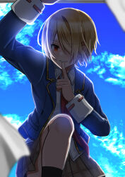  1girl :d arm_up backlighting blonde_hair blue_jacket blue_sky blurry brown_skirt collared_shirt commentary cowboy_shot curtains day depth_of_field finger_to_mouth grin hair_ornament hair_over_one_eye hairclip hand_up heaven_burns_red highres index_finger_raised jacket kayamori_ruka knee_up long_bangs long_sleeves miniskirt necktie one_eye_covered open_clothes open_jacket outdoors parallel_hairclips plaid_clothes plaid_skirt pleated_skirt red_eyes red_necktie shirt short_hair siromochino skirt sky smile solo sunlight white_shirt window 