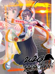  1girl 2026 absurdres alternate_costume black_hair black_hakama breasts calligraphy_brush commentary_request floral_print fubuki_(kancolle) full_body geta green_eyes hakama highres holding holding_brush horizon japanese_clothes kantai_collection kimono medium_breasts new_year ocean paintbrush sidelocks smile solo sunrise white_kimono wide_sleeves yoko_hata 