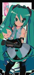  1girl 3d absurdres animasa_model_(mikumikudance) antenna_hair aqua_eyes aqua_hair black_border black_skirt black_sleeves border character_doll doll food grey_shirt hachune_miku hair_between_eyes hair_ornament hatsune_miku headset highres holding holding_food holding_spring_onion holding_vegetable indoors kio_(majin_kz) long_hair looking_at_viewer m@gical_cure!_love_shot!_(vocaloid) mikumikudance_(medium) number_tattoo shirt skirt sleeveless sleeveless_shirt smile solo spring_onion standing tattoo thigh-highs twintails variant_set vegetable vocaloid 