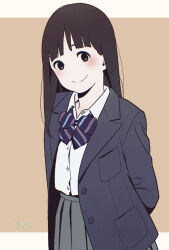  1girl ayano10621435 black_hair blazer blue_eyes blunt_bangs blush bow bowtie brown_background commentary_request grey_skirt jacket long_hair mole mole_under_eye original pleated_skirt school_uniform skirt smile solo 