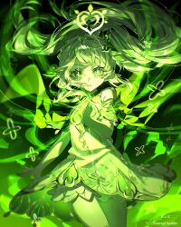  1girl artist_name bare_shoulders bloomers commentary cross-shaped_pupils dendro_symbol_(genshin_impact) detached_sleeves dress floating_hair genshin_impact green_eyes green_theme hair_ornament hand_up highres kisaragi_byakko leaf_hair_ornament long_hair looking_at_viewer nahida_(genshin_impact) parted_lips pointy_ears sleeveless sleeveless_dress solo symbol-shaped_pupils 