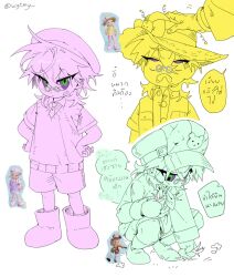  1boy 1other artist_name beret blush boots bow closed_mouth collared_shirt commentary_request cropped_arms cropped_torso deformed dot_nose eyelashes frown game_screenshot_inset glasses gloves gohagan_(unholymilk) green_eyes hair_between_eyes hands_on_own_hips hat hat_bow heartopia highres holding_grass jacket looking_at_viewer looking_down looking_up male_focus medium_hair multicolored_eyes neck_ribbon necktie open_mouth original player_character_(heartopia) ribbon round_eyewear screenshot_inset shirt shoes short_sleeves shorts sketch speech_bubble spot_color squatting standing straw_hat thai_commentary thai_text two-tone_eyes unholymilk vest violet_eyes white_background 