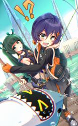  2days_wotori 2girls android bangboo_(zenless_zone_zero) belle_(zenless_zone_zero) black_shirt blue_hair blush commentary_request earrings fingerless_gloves fishing fishing_rod gloves green_eyes green_hair hair_between_eyes hair_ornament highres holding holding_fishing_rod jacket jewelry letter_hair_ornament long_hair multiple_girls open_mouth qingyi_(zenless_zone_zero) sharkboo_(zenless_zone_zero) shirt short_hair shorts sphere_hair_ornament twintails water zenless_zone_zero 
