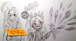  2girls blue_archive blush caption demon_horns english_text gun halo highres hina_(blue_archive) horns long_hair machine_gun mg42 multiple_girls multiple_horns school_uniform sketch starrymirai sticky_note traditional_media ui_(blue_archive) weapon 