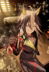  1girl absurdres ahoge animal_ears belt black_belt black_coat blue_eyes book book_stack broken_glass brown_hair cai_ji_(user_jmrv4342) clenched_hand closed_mouth coat collared_shirt commentary_request cost cup dream_journey_(reminder_of_dreamland)_(umamusume) dream_journey_(umamusume) drinking_glass ear_ornament eyewear_strap glass gloves grin hair_between_eyes highres holding holding_cup horse_ears horse_girl horse_tail indoors jewelry long_hair looking_at_viewer multicolored_hair multiple_rings phonograph red_nails red_shirt revision rimless_eyewear ring shirt single_glove sitting sitting_on_table smile solo streaked_hair tail umamusume v-shaped_eyebrows very_long_hair watermark white_hair window window_blinds wine_glass wooden_desk 