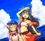  ahoge armlet bandeau bandeau_bikini blue_hair blush bow bracelet cloud clouds collarbone cosplay earrings fushigi_no_umi_no_nadia glasses hair_ornament hair_ribbon hairclip hat hiiragi_kagami izumi_konata jean_coq_de_raltigue jean_coq_de_raltigue_(cosplay) jean_roque_raltique jean_roque_raltique_(cosplay) jewelry kusaka_yoru loincloth long_hair lucky_star midriff mole nadia nadia_(cosplay) navel neck_ring parody purple_hair ribbon sky suspenders sweatdrop takara_miyuki tubetop twintails vest 