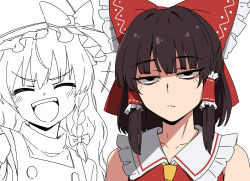  2girls ^_^ ascot bare_shoulders bow braid braided_sidelock brown_hair closed_eyes collarbone commentary facing_viewer frilled_bow frilled_hair_tubes frills hair_bow hair_tubes hakurei_reimu highres jitome kirisame_marisa long_hair looking_at_viewer medium_hair multiple_girls necono_(nekonosora1207) nontraditional_miko open_mouth red_bow red_shirt shirt smile touhou unamused unfinished vest yellow_ascot 