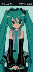 1girl 3d absurdres animasa_model_(mikumikudance) antenna_hair aqua_background aqua_eyes aqua_hair aqua_nails aqua_necktie bare_shoulders black_sleeves blush detached_sleeves english_text grey_shirt hair_between_eyes hair_ornament hatsune_miku headphones headset highres kio_(majin_kz) letterboxed long_hair looking_at_viewer mikumikudance_(medium) necktie shirt simple_background sleeveless sleeveless_shirt smile solo thigh-highs twintails variant_set very_long_hair vocaloid 