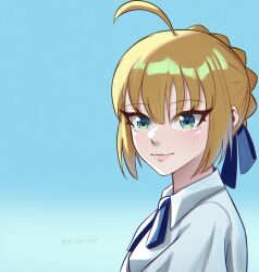  1girl absurdres artoria_pendragon_(fate) blonde_hair blue_bow blue_bowtie blue_ribbon blue_sky bow bowtie braid braided_bun dress fate/grand_order fate/stay_night fate_(series) green_eyes hair_between_eyes hair_bun highres light_smile looking_at_viewer medium_hair pindoragon ribbon saber_(fate) sky smile white_dress 