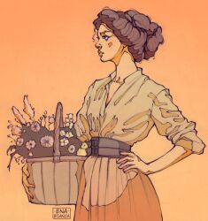  1girl artist_name basket collared_shirt ena_bianca english_commentary facing_to_the_side flower hair_bun hand_on_own_hip holding holding_basket lips nail_polish narrow_waist nose original shirt signature simple_background sketch skirt solo tagme upper_body 