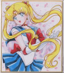  1girl :d absurdres back_bow bishoujo_senshi_sailor_moon blonde_hair blue_eyes blue_sailor_collar blue_skirt bow breasts chikoto_(kztc4472) choker collarbone commentary cowboy_shot crescent crescent_choker crescent_earrings double_bun earrings elbow_gloves gem gloves gold_tiara hair_bun hair_ornament hands_up highres jewelry leotard lone_nape_hair long_hair looking_at_viewer magical_girl medium_breasts miniskirt open_hands open_mouth own_hands_together parted_bangs petals photo_(medium) picture_frame pink_background pink_petals pleated_skirt red_bow red_choker red_gem red_trim sailor_collar sailor_moon sailor_senshi_uniform short_sleeves skirt smile solo standing tiara traditional_media transformation_brooch_(sailor_moon) tsukino_usagi twintails very_long_hair white_gloves white_leotard 