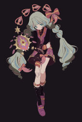  1girl aikatsu!_(series) aikatsu_planet! black_background black_shirt black_socks blunt_bangs bow braid closed_mouth commentary_request dress full_body green_eyes green_hair hair_bow hand_on_own_leg highres koke_(koke7) loafers long_hair long_sleeves looking_at_viewer multicolored_hair purple_dress purple_shoes q-pit revision shirt shoes socks solo streaked_hair twin_braids very_long_hair 