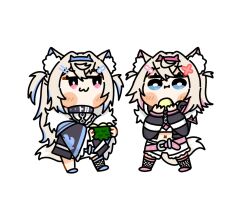  2girls :i alicemuyuki animal_collar animal_ears bandaid bandaid_hair_ornament belt bib_collar black_collar black_jacket blonde_hair blue_belt blue_eyes blue_hairband blue_shoes blue_streaks blush_stickers bright_pupils chibi chibi_only collar commentary crop_top cropped_jacket cropped_shirt crossed_bangs dog_ears dog_girl dog_tail double-parted_bangs dress english_commentary fake_horns fishnet_socks fishnet_thighhighs fishnets frilled_shirt_collar frilled_shorts frills full_body fur-trimmed_jacket fur_trim fuwawa_abyssgard fuwawa_abyssgard_(1st_costume) hair_between_eyes hair_ornament hairband hairclip headphones headphones_around_neck highres hololive hololive_english horn_hairband horns jacket kneehighs long_hair long_sleeves looking_at_another looking_at_object mococo_abyssgard mococo_abyssgard_(1st_costume) multicolored_hair multiple_girls over-kneehighs parallel_hairclips pink_belt pink_eyes pink_hairband pink_streaks raised_inner_eyebrows shirt shoes short_dress short_hair short_shorts shorts siblings simple_background single_over-kneehigh single_thighhigh sisters smug socks streaked_hair tail thigh-highs twins twintails two_side_up virtual_youtuber white_background white_dress white_pupils white_shirt white_shorts x_hair_ornament 