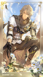  1boy belt bird black_gloves blue_eyes boots border brown_belt brown_boots brown_cape brown_pants brown_scarf brown_vest buttons cape character_name chinese_commentary clouds commentary_request copyright_name daisy_(flower) day flower full_body gloves grey_hair hand_on_own_thigh heterochromia highres kneeling light_smile looking_at_flowers male_focus mechanical_arms medium_hair official_alternate_costume official_art ornate_border outdoors pants picking_flowers plaid_clothes plaid_scarf punishing:_gray_raven scar scar_on_face scarf shirt single_glove single_mechanical_arm sky solo three-quarter_sleeves vest watanabe:_epitaph_(sandstream)_(pgr) watanabe_(pgr) white_flower white_shirt yellow_eyes 