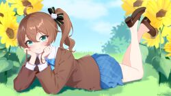  1girl absurdres ahoge aqua_eyes black_ribbon blazer blue_bow blue_bowtie blue_skirt bow bowtie brown_hair brown_jacket brown_shoes cat_hair_ornament closed_mouth collared_shirt commentary day feet_up felixkohai flower full_body hair_between_eyes hair_ornament hair_ribbon highres hololive jacket loafers looking_at_viewer lying medium_hair natsuiro_matsuri on_stomach outdoors plaid_clothes plaid_skirt pleated_skirt ribbon school_uniform shirt shoes side_ponytail skirt smile solo sunflower the_pose untranslatable_commentary virtual_youtuber white_shirt 