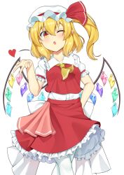  1girl akasaka_sato ascot back_bow blonde_hair blowing_kiss blush bow collared_shirt commentary_request crystal crystal_wings flandre_scarlet frilled_shirt_collar frilled_skirt frills hat heart highres medium_hair mob_cap multicolored_wings one_eye_closed one_side_up open_mouth paid_reward_available pointy_ears puffy_short_sleeves puffy_sleeves red_eyes red_skirt red_vest shirt short_sleeves skirt skirt_set solo touhou vest white_bow white_hat white_shirt wings yellow_ascot 