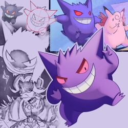  1girl agatha_(pokemon) clefable colored_sclera commentary_request full_body gengar ghost grin highres looking_at_viewer medium_hair mega_evolution_symbol on_head pokemon pokemon_(creature) pokemon_on_head pokemon_red/green/blue/yellow red_eyes red_sclera shoupitsuki sketch smile standing standing_on_one_leg teeth 