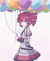  1girl ahoge balloon chibikki drill_hair from_side grey_jacket grey_skirt highres jacket jaggy_lines kasane_teto kasane_teto_(sv) long_sleeves looking_at_viewer looking_to_the_side red_eyes red_hair skirt solo synthesizer_v twin_drills utau white_background 