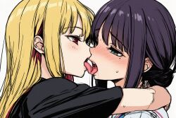  2girls arm_around_neck black_hair blonde_hair cho_kaguya-hime! commentary_request drooling french_kiss from_side green_eyes hair_bun highres kaguya_(cho_kaguya-hime!) kiss looking_at_another mole mole_under_eye multiple_girls open_mouth red_eyes sailor_collar sakayori_iroha short_sleeves single_hair_bun sweat user_vfcy7334 white_background yuri 