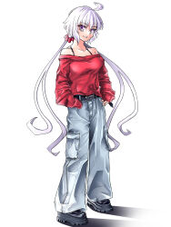  1girl ahoge baggy_clothes baggy_pants bare_shoulders commentary_request denim floating_hair full_body grruhuh hair_between_eyes hand_in_pocket highres jeans long_hair long_sleeves looking_at_viewer off-shoulder_shirt off_shoulder pants parted_lips red_shirt senki_zesshou_symphogear shirt simple_background smile solo tachi-e twintails very_long_hair violet_eyes white_background white_hair yukine_chris 