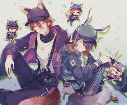  5boys amagi_rinne animal_ear_fluff animal_ears arm_support asobi-bu_(ensemble_stars!) bandaid bandaid_on_face black_jacket black_pants black_shirt blonde_hair blonde_streaks blue_eyes blue_hat blue_jacket blue_shirt chibi chibi_inset closed_eyes commentary_request confetti cropped_jacket ensemble_stars! f_(tsunamay03) feet_out_of_frame fluffy_tail fox_boy fox_ears green_eyes grey_background hair_between_eyes hand_on_own_knee harukawa_sora hat hood hood_down hooded_jacket jacket layered_clothes male_focus matching_outfits medium_hair multicolored_hair multiple_boys official_alternate_costume one_eye_covered orange_hair pants purple_hair purple_hat purple_jacket rabbit_boy rabbit_ears red_hair sazanami_jun sengoku_shinobu shirt short_hair simple_background sitting smile strap streaked_hair suspenders teeth turtleneck turtleneck_shirt v white_shirt yellow_eyes 