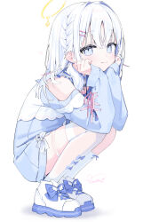  1girl absurdres ai_urara blush braid clothing_cutout commentary dress full_body halo head_rest highres koyubita long_hair looking_at_viewer shoes shoulder_cutout smile sneakers solo specialite_(company) squatting tenshi_kaiwai untranslatable_commentary white_eyes white_hair 