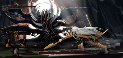  1girl absurdres barefoot black_shirt black_skirt commentary_request crossover dark_souls_(series) dark_souls_i dual_wielding facing_away fighting from_behind gameplay_mechanics gaping_dragon grey_hair haruaki_(onkai_planaria) health_bar highres himemushi_momoyo holding holding_pickaxe holding_shovel long_hair monster pickaxe shirt shovel skirt soles touhou translation_request user_interface very_long_hair wings 