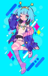  1girl absurdres bare_shoulders black_shorts blue_background blue_eyes blue_hair blue_jacket blunt_bangs blush bright_pupils character_request commentary_request commission copyright_request diagonal-striped_background full_body fur-trimmed_shorts fur_trim hairband hand_up headphones headphones_around_neck highres honoca6190 jacket leg_up long_sleeves looking_at_viewer no_shoes off_shoulder one_eye_closed open_clothes open_jacket open_mouth pink_thighhighs shirt short_hair short_shorts shorts skeb_commission sleeveless sleeveless_shirt sleeves_past_wrists solo spaghetti_strap sparkle standing standing_on_one_leg strap_slip striped_background striped_clothes striped_thighhighs thigh-highs white_pupils white_shirt yellow_hairband 