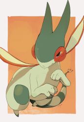  border claws colored_skin flygon green_skin highres looking_at_viewer no_humans orange_background outside_border pokemon pokemon_(creature) sme4 solo tail white_border wings 