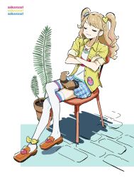  1girl aikatsu! aikatsu!_(series) animal animal_on_lap blonde_hair blue_skirt brown_shoes chair closed_eyes closed_mouth collared_shirt commentary_request copyright_name crossed_legs facing_viewer ferret full_body hair_ornament heart heart_hair_ornament highres koke_(koke7) loafers long_hair miniskirt multicolored_hair natsuki_mikuru on_chair on_lap pink_streaks plaid_clothes plaid_skirt plant pleated_skirt potted_plant shirt shoes sitting skirt solo star_(symbol) star_hair_ornament streaked_hair thigh-highs two_side_up wavy_mouth white_background white_thighhighs yellow_shirt 