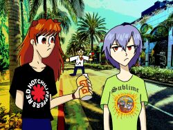  2girls annoyed ayanami_rei blue_sky california city highres meme multiple_girls neon_genesis_evangelion outdoors photo_background red_hot_chili_peppers road sky souryuu_asuka_langley street sublime_(band) 