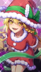  1girl absurdres alternate_costume blonde_hair bow braid commentary_request dress fur-trimmed_dress fur-trimmed_headwear fur_trim green_bow hair_bow hat hat_bow highres kirisame_marisa long_hair looking_at_viewer open_mouth pom_pom_(clothes) red_dress red_hat santa_costume santa_dress side_braid single_braid smile solo sparkle touhou witch_hat yellow_eyes yosshy 