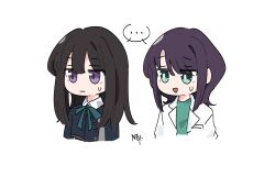  ... 2girls black_hair cho_kaguya-hime! cocacolastic commentary_request highres inoue_takina lab_coat long_hair lycoris_recoil lycoris_uniform medium_hair multiple_girls sakayori_iroha shared_speech_bubble simple_background speech_bubble spoken_ellipsis upper_body white_background 
