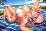  1girl absurdres barefoot beach beach_towel bikini blush breasts cleavage commentary commission day dutch_angle english_commentary erect_nipples foreshortening headphones highres large_breasts lips long_hair looking_at_viewer lying mathias_leth nitroplus ocean on_back pink_eyes pink_hair pool side-tie_bikini solo super_sonico swimsuit towel white_bikini 