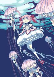  1girl animal bubble_skirt choker clenched_teeth dress footwear_ribbon frilled_dress frilled_gloves frilled_socks frills full_body gloves hair_ribbon jellyfish kaname_madoka kaname_madoka_(magical_girl) kneehighs kurokodairu magical_girl mahou_shoujo_madoka_magica mary_janes open_mouth petticoat pink_eyes pink_hair puffy_short_sleeves puffy_sleeves red_choker red_ribbon red_shoes ribbon shoes short_sleeves skirt socks soul_gem striped_clothes striped_dress swimming teeth third-party_source twintails underwater vertical-striped_clothes vertical-striped_dress white_socks 
