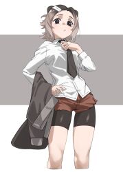  1girl animal_ears beaver_ears bike_shorts bike_shorts_under_shorts black_eyes black_hair black_necktie black_shorts brown_shorts buttons collared_shirt commentary cropped_legs dress_shirt eurasian_beaver_(kemono_friends) gradient_hair grey_hair hair_ornament hairclip hand_on_own_hip highres kemono_friends legs_apart long_sleeves looking_at_viewer medium_hair multicolored_hair necktie paid_reward_available parted_lips shirt shorts solo standing tanabe_(fueisei) two-tone_hair unworn_clothes white_shirt wing_collar 