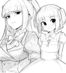  2girls :d age_comparison aged_down arms_behind_back black_eyes blush bob_cut bow bowtie breasts buttons child closed_mouth commentary dress dual_persona english_commentary frilled_dress frills graphite_(medium) grey_skirt greyscale hair_bobbles hair_ornament hatching_(texture) head_tilt highres jewelry juliet_sleeves key long_sleeves looking_at_viewer medium_breasts monochrome multiple_girls necklace optaku parted_lips pendant puffy_long_sleeves puffy_sleeves short_hair sidelocks sketch skirt smile sparkle standing traditional_media two_side_up umineko_no_naku_koro_ni upper_body ushiromiya_ange very_short_hair 