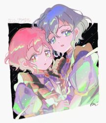 1boy 1girl blue_eyes blue_hair brother_and_sister commentary_request crossdressing dorothy_west looking_at_viewer mole mole_under_eye necktie open_mouth pink_eyes pink_hair pretty_series pripara puffy_short_sleeves puffy_sleeves purple_necktie purple_shirt reona_west rituyama1 shirt short_hair short_sleeves siblings translation_request trap twins upper_body 