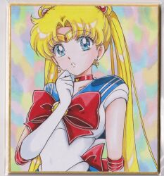  1girl back_bow bishoujo_senshi_sailor_moon blonde_hair blue_eyes blue_sailor_collar bow breasts chikoto_(kztc4472) choker clenched_hand collarbone colorful_background commentary covered_navel crescent crescent_choker crescent_earrings double_bun earrings elbow_gloves gem gloves gold_tiara hair_bun hair_ornament hand_up highres jewelry leotard light_blush lone_nape_hair long_hair looking_at_viewer magical_girl medium_breasts parted_bangs parted_lips photo_(medium) picture_frame red_bow red_choker red_gem red_trim sailor_collar sailor_moon sailor_senshi_uniform short_sleeves solo tiara traditional_media transformation_brooch_(sailor_moon) tsukino_usagi twintails very_long_hair white_gloves white_leotard 