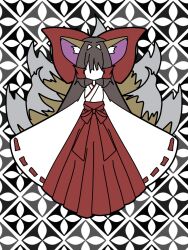  1girl alternate_costume animal_ears bow brown_hair commentary_request datoukairo fox_ears fox_tail full_body hair_bow hair_tubes hakama hakama_skirt hakurei_reimu japanese_clothes kimono kitsune long_hair long_sleeves miko monsterification multiple_tails no_eyes no_mouth red_bow red_hakama ribbon-trimmed_sleeves ribbon_trim skirt sleeves_past_fingers sleeves_past_wrists solo tail touhou white_kimono wide_sleeves 