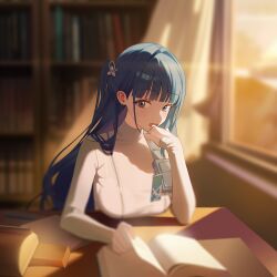  1girl arcana_(nikke) blue_hair blunt_bangs blurry blurry_background book breasts curtains dusk game_cg goddess_of_victory:_nikke grey_eyes hair_behind_ear hair_intakes hair_ornament highres library light_blush long_hair long_sleeves looking_at_viewer official_art one_side_up open_mouth see-through_clothes sitting solo spoilers sweat sweatdrop table window 