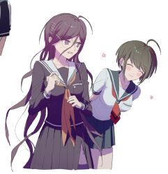  2girls ahoge black_serafuku black_shirt black_skirt blue_sailor_collar blue_skirt blush breast_pocket breasts closed_eyes closed_mouth collarbone collared_shirt commentary_request danganronpa_(series) danganronpa_another_episode:_ultra_despair_girls eyelashes fukawa_toko glasses green_hair hair_between_eyes hair_ornament hairclip highres long_hair long_skirt long_sleeves messy_hair mole mole_under_mouth multiple_girls naegi_komaru neckerchief necktie pocket purple_hair red_neckerchief red_necktie round_eyewear sailor_collar school_uniform serafuku shirt short_hair short_sleeves simple_background skirt skirt_set smile sweat torn_clothes torn_neckerchief torn_skirt tsubame_airs violet_eyes white_background white_sailor_collar white_shirt 